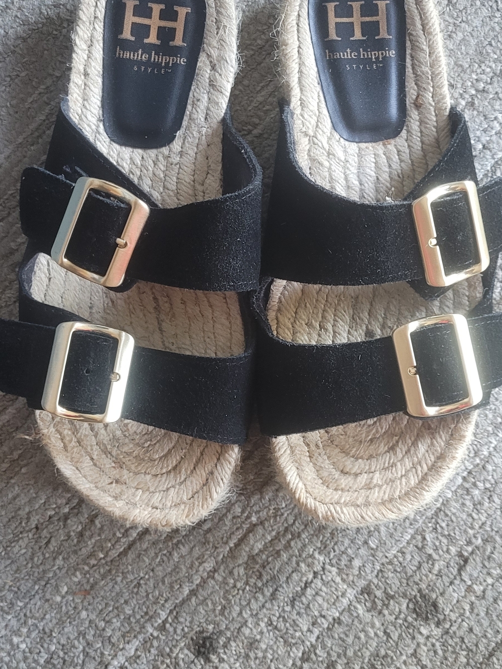 Haute Hippie Black Suede Espadrille Slide Sandals with Gold Buckles